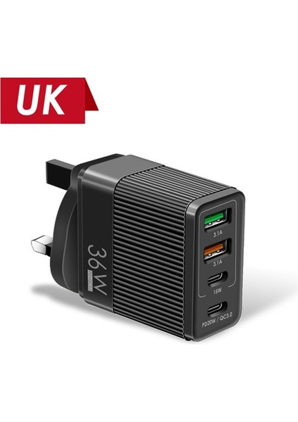 Ingiltere Siyah Uslıon 36W Evrensel 4 Bağlantı Noktalı USB Şarj Cihazı Qc3.0 PD20W 2 Bağlantı Noktalı USB3.1A Hızlı Şarj Prizi iPhone 13 11 Samsung S20 Xiaomi (Yurt Dışından)