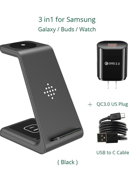 Samsung Siyah Usplug Aldnoah 3 In1 Kablosuz Şarj Istasyonu Samsung Galaxy İZLE/BUDS/S10/S9 Samsung NOTE10/NOTE9 Için Hızlı Kablosuz Şarj Cihazı (Yurt Dışından)