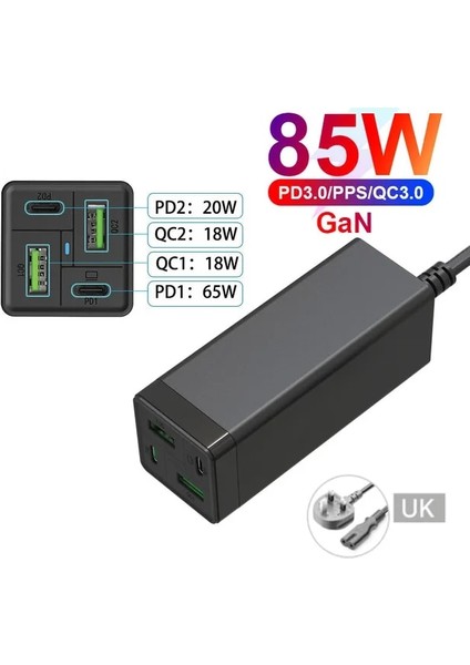 Siyah Ingiltere Urvns 4 Bağlantı Noktalı 85W Gan USB C Hızlı Şarj Cihazı, Pd 65W Pps 45W 20W Qc3.0 MacBook Dizüstü iPhone Xiaomi Samsung Için Güç Adaptörü Kaynağı (Yurt Dışından)