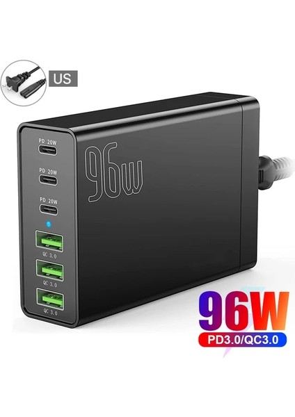 Us 96W 6 Bağlantı Noktalı Masaüstü USB Şarj Istasyonu, 3 Usb-C Bağlantı Noktası ve 3 Qc3.0 Bağlantı Noktası, iPhone 13 iPad Samsung Için Pd 20W Hızlı Şarj Cihazı (Yurt Dışından)