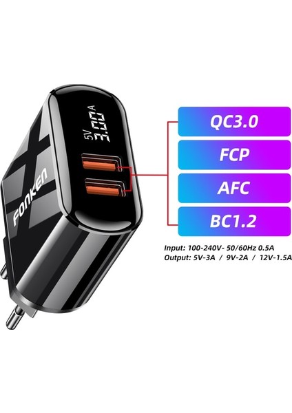 Çift Qc3.0 Fonken Hızlı Şarj 3.0 Pd Şarj Cihazı Telefon Şarj Cihazı Için 2 Bağlantı Noktalı Hızlı Şarj USB Tip C Bağlantı Noktası Duvar Adaptörü LED Ekran Dash Şarj Cihazları (Yurt Dışından)