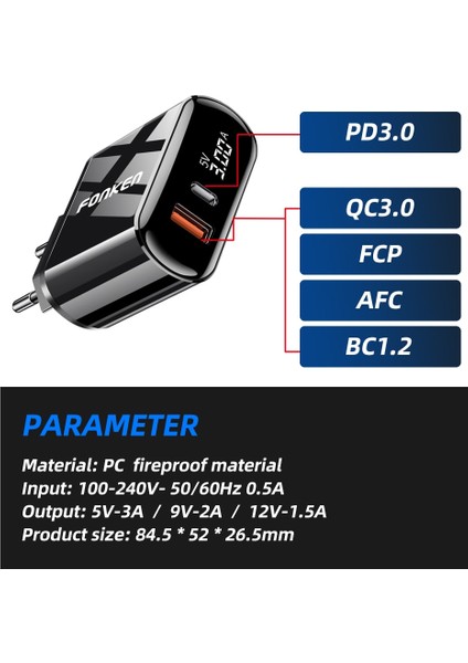 Çift Qc3.0 Fonken Hızlı Şarj 3.0 Pd Şarj Cihazı Telefon Şarj Cihazı Için 2 Bağlantı Noktalı Hızlı Şarj USB Tip C Bağlantı Noktası Duvar Adaptörü LED Ekran Dash Şarj Cihazları (Yurt Dışından) modelleri