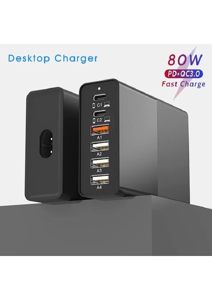 Au Tak 6 Port 80W Ilepo 80W USB Şarj Cihazı Pd Qc3.0 Çift Protokol Hızlı Şarj 6 Port Çoklu USB Hızlı Şarj Istasyonu iPhone Tablet Güç Adaptörü (Yurt Dışından)