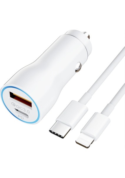 Beyaz 1 USB 1 Type-C USB C Pd Hızlı Araç Şarj Cihazı, iphone 20W Usb-C - Lightning Şarj Kablosu, Type C Pd 20W-QC 3.0 18W iPhone 14/samsung Galaxy Için (Yurt Dışından)