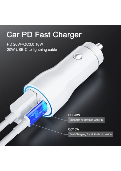 Beyaz 1 USB 1 Type-C USB C Pd Hızlı Araç Şarj Cihazı, iphone 20W Usb-C - Lightning Şarj Kablosu, Type C Pd 20W-QC 3.0 18W iPhone 14/samsung Galaxy Için (Yurt Dışından) modelleri