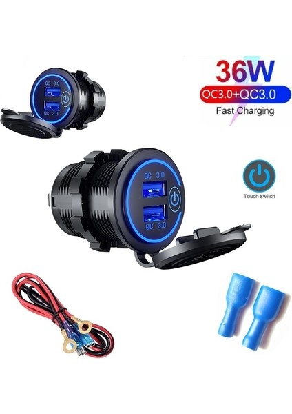 Green-Line-Standart 36W USB Şarj Cihazı Qc 3.0 Dokunmatik Anahtar Su Geçirmez Evrensel Motosiklet Araba Kamyon Tekne Telefon Tablet Kamera Gps Dvr Için Çift Soket (Yurt Dışından) fiyatları