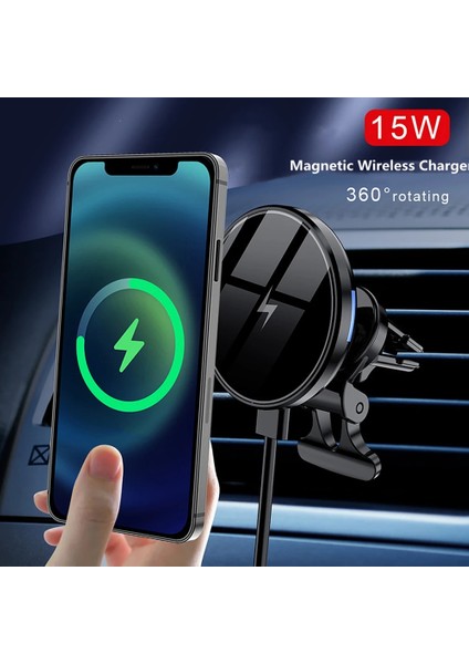 Siyah 15W Otomatik Sıkma Manyetik Kablosuz Araç Şarj Cihazı iPhone 13 12 Pro Max Mini Hava Firar Telefon Tutucu Braketi Hızlı Şarj (Yurt Dışından) indirimleri