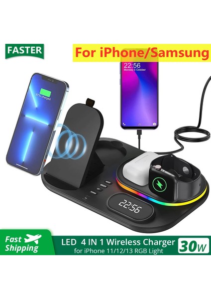 Samsung Abd Tak Için 30W 4'ü 1 Arada Kablosuz Şarj Standı iPhone 14 13 12 Samsung S22 S21 S20 Ultra Galaxy Apple Watch Hızlı Şarj Istasyonu Istasyonu (Yurt Dışından) fiyatları