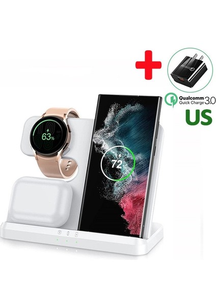 Abd Plug ile Beyaz 30W 3 In 1 Kablosuz Şarj Standı Samsung S22 Ultra S20 S21 Galaxy Izle 5 4 3 Aktif 2/1 Tomurcuklar Hızlı Şarj Istasyonu Istasyonu (Yurt Dışından)