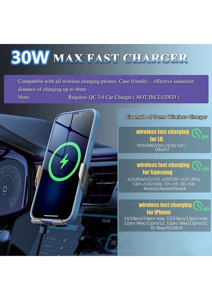 Siyah 30W Kablosuz Şarj Cihazı Araba Hava Firar Halkalı Telefon Kılıfı Tutucu Hızlı Şarj Istasyonu Samsung S22 S21 S20 iPhone 11 12 13 14 Pro Max (Yurt Dışından) modelleri