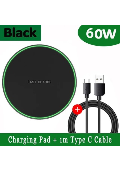 Siyah Kablo ile 60W Kablosuz Şarj Aleti Pedi iPhone 14 13 12 11 Pro Max x Samsung Xiaomi Telefon Şarj Cihazları Indüksiyon Hızlı Şarj Standı Istasyonu (Yurt Dışından)