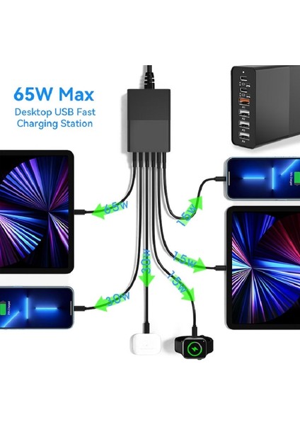 Ingiltere Tak 6 Port 80W Ilepo 80W USB Şarj Cihazı Pd Qc3.0 Çift Protokol Hızlı Şarj 6 Port Çoklu USB Hızlı Şarj Istasyonu iPhone Tablet Güç Adaptörü (Yurt Dışından) fiyatları