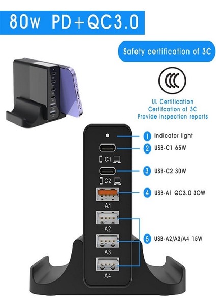 Ingiltere Tak 6 Port 80W Ilepo 80W USB Şarj Cihazı Pd Qc3.0 Çift Protokol Hızlı Şarj 6 Port Çoklu USB Hızlı Şarj Istasyonu iPhone Tablet Güç Adaptörü (Yurt Dışından) modelleri