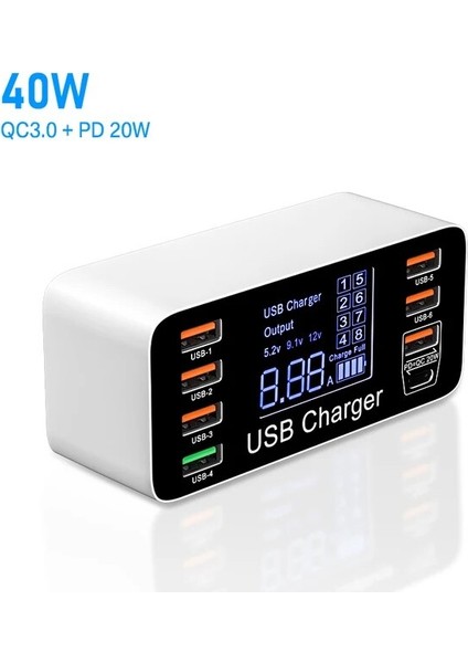 Au Tipi Fiş 40W USB Şarjı 60W 8 Port USB Telefon Şarj Cihazı Qc3.0 Pd Type C USB C Hızlı Şarj Cihazı Hızlı Şarj 3.0 Akıllı LED Ekran Şarj Istasyonu Adaptörü (Yurt Dışından)
