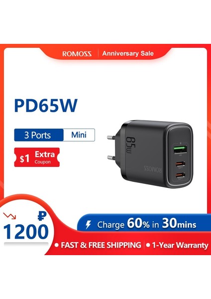 AC65H Siyah Ab Tak Romoss 65W Hızlı Şarj USB Tip C Şarj Cihazı Qc 3.0 Pd 3.0 Dizüstü MacBook Için Hızlı Şarj Cihazı Xiaomi iPhone 14 Mini Telefon Şarj Cihazı (Yurt Dışından) indirimleri