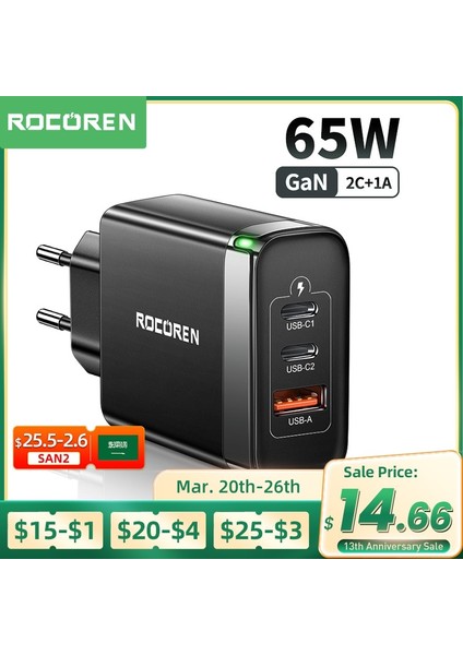 Kr Tak Siyah Rocoren 65W Gan USB Tip C Şarj Cihazı Hızlı Şarj Qc 4.0 Pd 3.0 Qc4.0 Usbc Hızlı Şarj USB Şarj Cihazı iPhone 14 13 Pro MacBook (Yurt Dışından) fiyatları