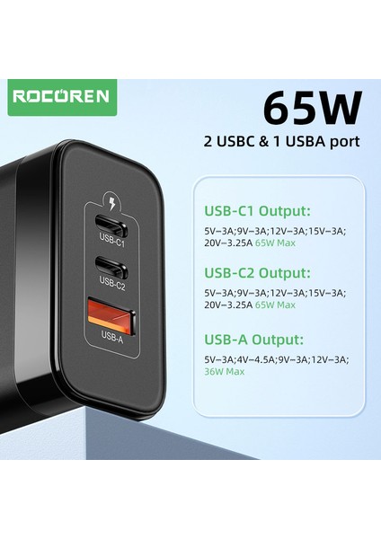 Kr Tak Siyah Rocoren 65W Gan USB Tip C Şarj Cihazı Hızlı Şarj Qc 4.0 Pd 3.0 Qc4.0 Usbc Hızlı Şarj USB Şarj Cihazı iPhone 14 13 Pro MacBook (Yurt Dışından) fırsatları