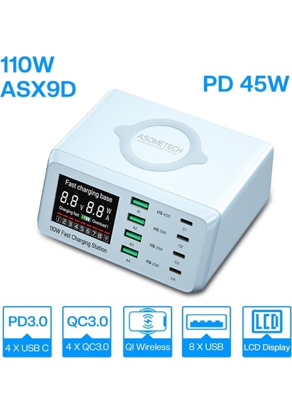 Au Tak ASX9D Mavi 110W 110W Çoklu USB Şarj Cihazı Kablosuz Şarj Cihazı Pps Qc Pd USB C Hızlı Şarj Istasyonu Telefon Şarj Adaptörü iPhone 13 Xiaomi Samsung Için (Yurt Dışından)