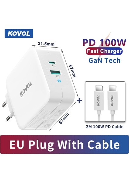 100W 1pd Ab Beyaz Kovol Güçlü Gan Şarj Cihazı 140W Max Type C Pd Hızlı Şarj Cihazı iPhone 14 13 Pro Max Samsung Xiaomi Macbook Pro Dizüstü Tablet Için (Yurt Dışından)