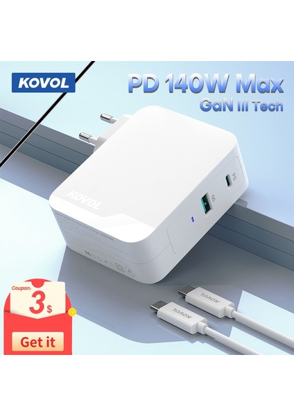 100W 1pd Ab Beyaz Kovol Güçlü Gan Şarj Cihazı 140W Max Type C Pd Hızlı Şarj Cihazı iPhone 14 13 Pro Max Samsung Xiaomi Macbook Pro Dizüstü Tablet Için (Yurt Dışından) fırsatları