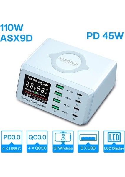 Brezilya Fişi 110W ASX9D Mavi 110W Hızlı Şarj USB Şarj Adaptörü Kablosuz Şarj Cihazı Şarj Istasyonu Pd USB C Hızlı Telefon Şarj Cihazı iPhone 13 12 iPad Xiaomi Için (Yurt Dışından)