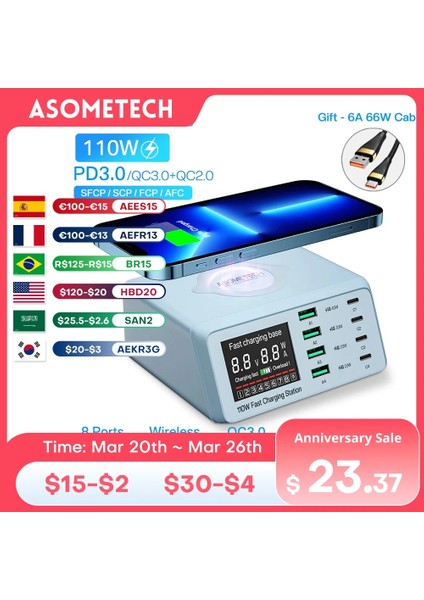 Brezilya Fişi 110W ASX9D Mavi 110W Hızlı Şarj USB Şarj Adaptörü Kablosuz Şarj Cihazı Şarj Istasyonu Pd USB C Hızlı Telefon Şarj Cihazı iPhone 13 12 iPad Xiaomi Için (Yurt Dışından) fiyatları