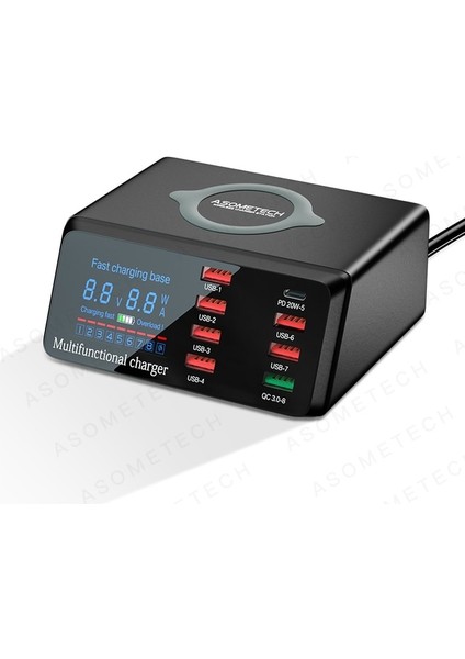 Ab Tak Asx9 Siyah 8 Port USB Hub Qı Kablosuz Şarj Cihazı iPhone Samsung Xiaomi 100 W Çoklu USB C Hızlı Şarj Cihazı Qc3.0 Hızlı Şarj Şarj Istasyonu (Yurt Dışından)