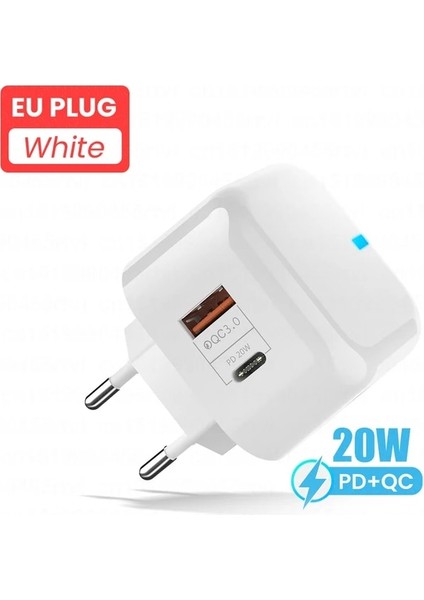 Beyaz Ab Iki Bağlantı Noktalı Abd/ab USB Tip C Şarj Cihazı iPhone 13 12 11 Pro Qc3.0 Hızlı Şarj Pd 20W Usb-C Hızlı Şarj Seyahat Duvar Şarj Cihazı Güç Adaptörü (Yurt Dışından)