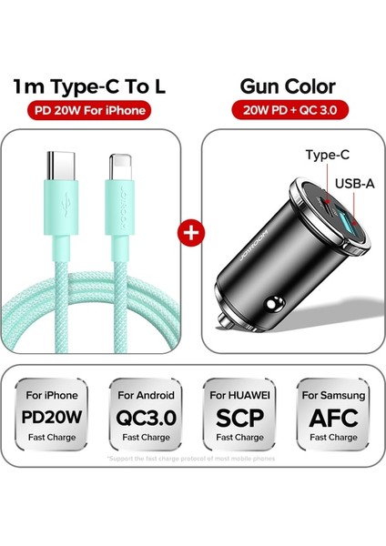 Ekle 1m C-Lightning Joyroom Mini Araç Şarj Cihazı 20W Tip C Pd Hızlı Şarj Cihazı Hızlı Şarj Qc 3.0 Araç USB Şarj Cihazı iPhone 13 12 Pro Max Için Huawei Xiaomi (Yurt Dışından)