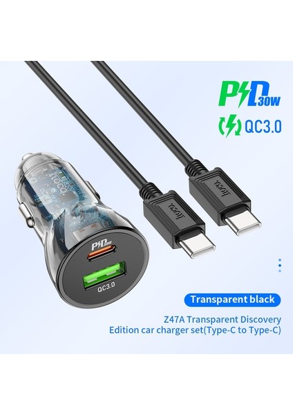 C'den C'ye Kablo Hoco Şeffaf Pd 30W USB Araç Şarj Cihazı Hızlı Şarj Qc Supercharge Fcp iPhone 14 13 Pro Max Pd C Tipi Şarj Cihazı Araç Şarj Cihazı (Yurt Dışından)