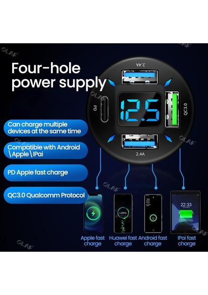 3usb Qc3.0 Olaf 66W Araç Şarj Cihazı Hızlı Şarj Çakmak Adaptörü 4 Portlu Araç Telefonu Şarj Cihazı iPhone 14 Xiaomi Samsung Için Hızlı Şarj (Yurt Dışından) modelleri
