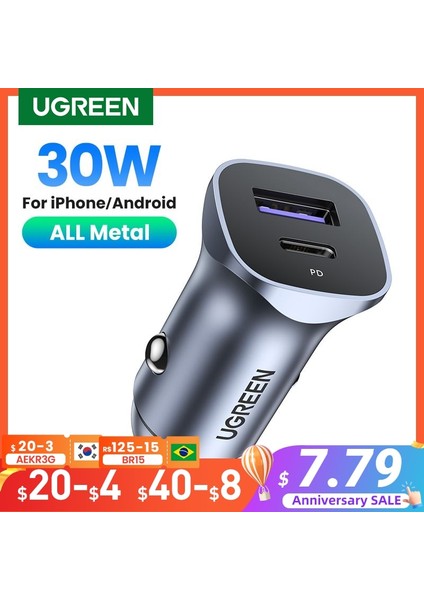 PD20W Araç Şarj Cihazı Ugreen 30W Araç Şarj Cihazı Çift Bağlantı Noktalı Qc 4.0 3.0 Hızlı Şarj iPhone 14 13 12 Xiaomi Huawei Samsung Süper Şarj Tipi C Şarj Cihazı (Yurt Dışından) indirimleri