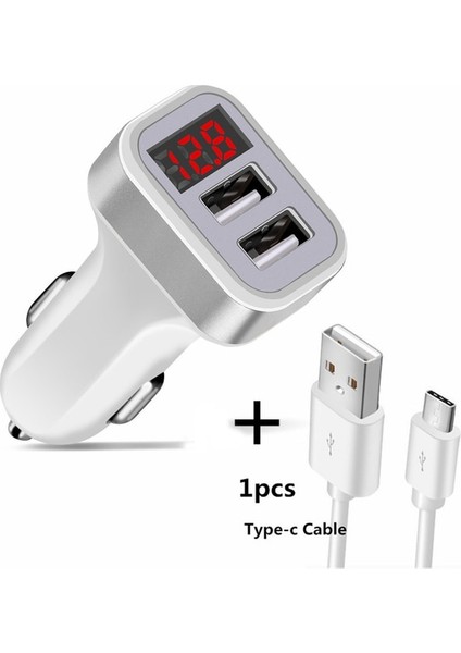 Typec Şarj Cihazı Gümüş Araç Şarj Cihazı Dijital Ekran Çift Bağlantı Noktalı USB Adaptörü 2.1A Araç Şarj Cihazı Samsung Cep Telefonu Için Çift Tip C USB Hızlı Şarj (Yurt Dışından)