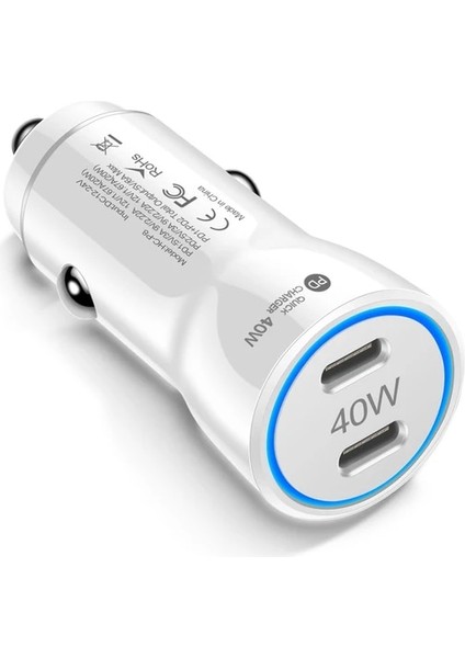 Beyaz 40W Çift Pd Araç Şarj Cihazı USB Tip C Hızlı Araç Telefonu Şarj Adaptörü iPhone 14 13 Xiaomi Huawei Samsung S21 S22 Hızlı Şarj (Yurt Dışından)