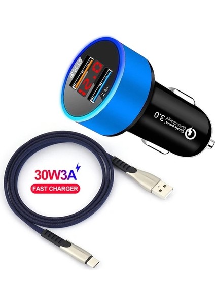 Kablo Şarj Cihazı Mavi Araba Hızlı Şarj Cihazı Çift USB Hızlı Şarj Qc 3.0 Telefon Şarj Adaptörü iPhone 12 11 Pro Max 6 7 8 Xiaomi Redmi Huawei Samsung (Yurt Dışından)