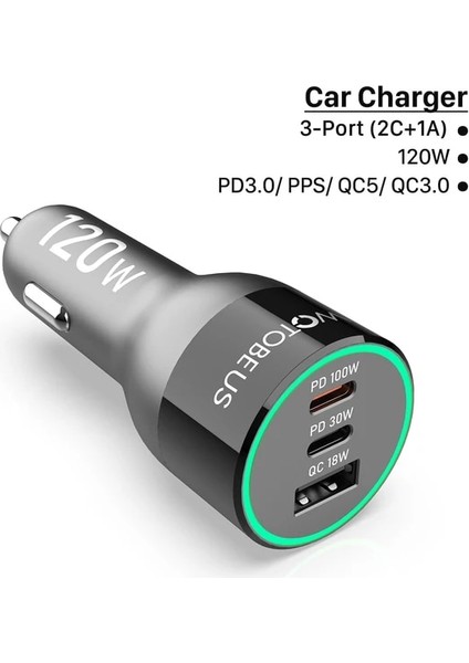 3 Bağlantı Noktalı Wotobeus 120W 3 Bağlantı Noktalı Hızlı Araç Şarj Cihazı Hızlı Şarj USB C PD100W Pps 65W 45W 20W Dizüstü Bilgisayarlar Için MacBook iPad iPhone Galaxy Telefon (Yurt Dışından)