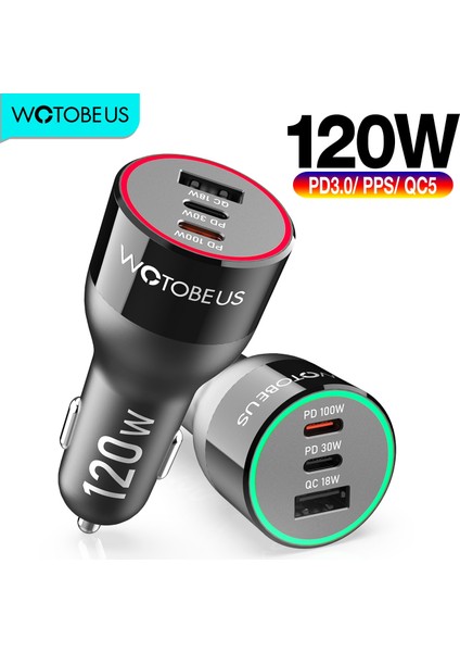 3 Bağlantı Noktalı Wotobeus 120W 3 Bağlantı Noktalı Hızlı Araç Şarj Cihazı Hızlı Şarj USB C PD100W Pps 65W 45W 20W Dizüstü Bilgisayarlar Için MacBook iPad iPhone Galaxy Telefon (Yurt Dışından) modelleri