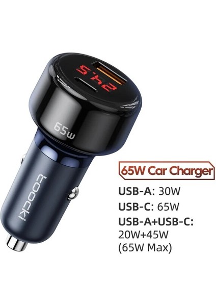 Mavi Toocki 65W Araç Şarj Cihazı Hızlı Şarj Qc4.0 Pd3.0 USB Tip C Araç Telefonu Şarj Cihazı iPhone 14 13 12 Samsung Xiaomi Huawei Dizüstü Bilgisayar (Yurt Dışından)