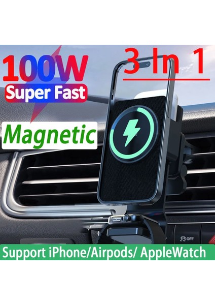 Kablolu Şarj Cihazı 100W 3'ü 1 Arada Manyetik Araç Kablosuz Şarj Cihazı Hava Firar Telefon Tutucu iPhone 14 13 12 Pro Max Apple Watch Hızlı Şarj Istasyonu (Yurt Dışından) fiyatları