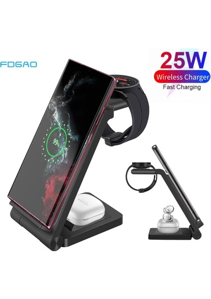 3'ü 1 Arada Siyah 25W Kablosuz Şarj Standı Samsung Galaxy Flip 4/S22 ULTRA/S21/S20/S10 Galaxy Izle 5 4 Aktif 2 1 Tomurcuklar 3 In 1 Hızlı Şarj (Yurt Dışından) indirimleri