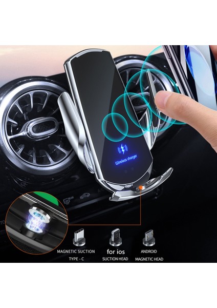 Gümüş Otomatik Kablosuz Şarj Cihazı Manyetik USB Dağı Hızlı Şarj Telefon Tutucu Hava Firar iPhone 14 13 12 11 Xs x 8 Samsung S22 S21 (Yurt Dışından) modelleri