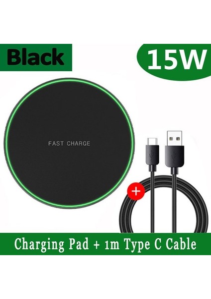 Siyah Kablo ile 15W Kablosuz Şarj Pedi iPhone 14 13 12 11 Pro Max x Samsung Xiaomi Telefon Qi Şarj Cihazları Indüksiyon Hızlı Şarj Istasyonu Istasyonu (Yurt Dışından)