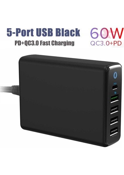 Ab 60W 5usb Pd Siyah 60W Çoklu USB Şarj Istasyonu 5 Bağlantı Noktalı Hub Tip C Şarj Cihazı Pd Hızlı Şarj Istasyonu Akıllı Şarj Cihazı iPhone Samsung Huawei Xiaomi Için (Yurt Dışından)
