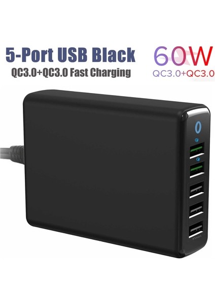 Kr 60W 5usb QC30 Siyah 60W Çoklu USB Şarj Istasyonu 5 Portlu Hub Tip C Şarj Cihazı Pd Hızlı Şarj Istasyonu Akıllı Şarj Cihazı iPhone Samsung Huawei Xiaomi Için (Yurt Dışından)