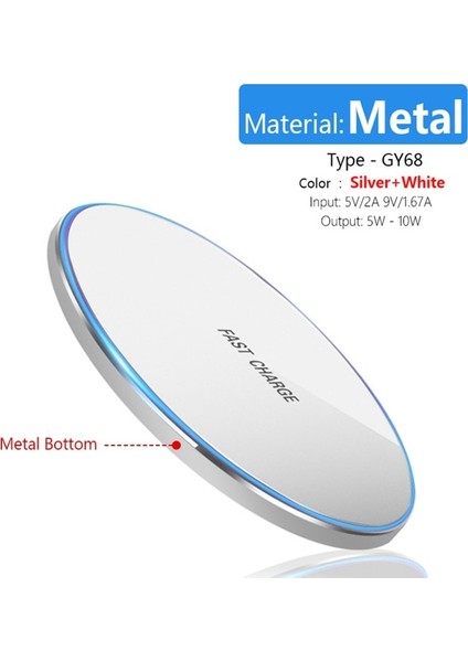 Metal Ped Gümüş Metal Kablosuz Şarj Pad LED Solunum Işığı 10 W iPhone 13 12 11 Xr Xs 8 Samsung X21 Xiaomi Hızlı Kablosuz Şarj Istasyonu (Yurt Dışından)