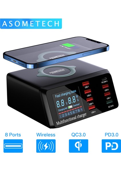 Kore Fişi Asx9 Siyah 8 Port USB Hub Qı Kablosuz Şarj Cihazı iPhone Samsung Xiaomi 100 W Çoklu USB C Hızlı Şarj Cihazı Qc3.0 Hızlı Şarj Şarj Istasyonu (Yurt Dışından) fiyatları