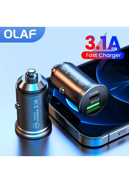 Şerit Olaf Qc3.0 Araç Şarj Cihazı Hızlı Şarj Beyaz Siyah Çift Bağlantı Noktalı Mini Araç Telefonu Güç Adaptörü Pd 20W USB Tip C Şarj Araç Şarjı (Yurt Dışından) indirimleri