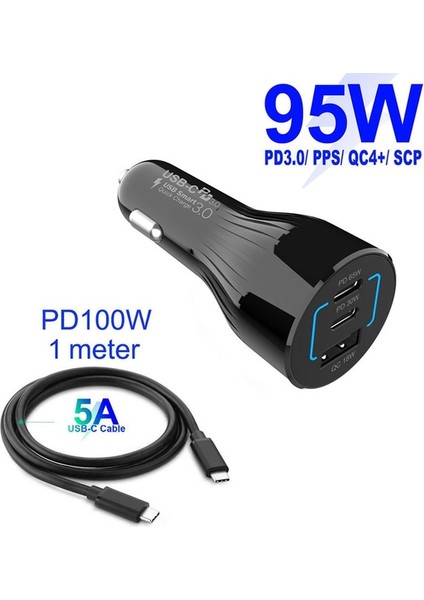 95W-(100W)KABLO-1M Tquq 95W 3 Portlu USB C Araç Şarj Cihazı, Süper Hızlı Şarj Pps Pd 65W/45W/30W/20W Qc4+ 18W Xiaomi Dizüstü Bilgisayar IPHONE12 Samsung Galaxy Için (Yurt Dışından)