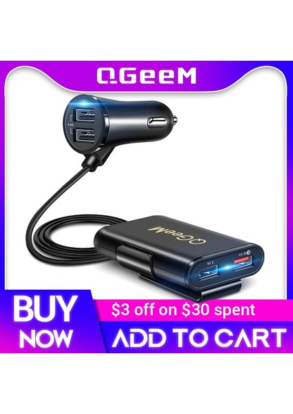 1xqc 3X2A Beyaz Qgeem 4 USB Qc 3.0 Araç Şarj Cihazı Hızlı Şarj 3.0 Telefon Araba Hızlı Ön Arka Şarj Adaptörü Araba Taşınabilir Şarj Cihazı iPhone Için Fiş (Yurt Dışından) fiyatları