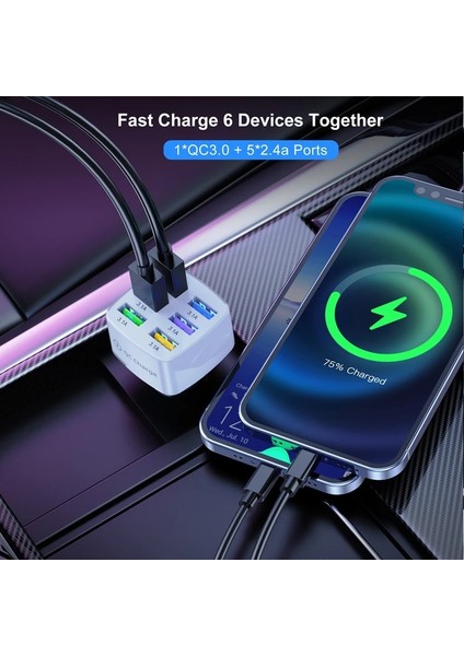 Wandcable iPhone 6 Port USB Araç Şarj Cihazı Çakmak Için 75W Hızlı Şarj Samsung Xiaomi Cep Telefonu iPhone 13 Pro Max 12 11 7 8 Artı (Yurt Dışından) modelleri